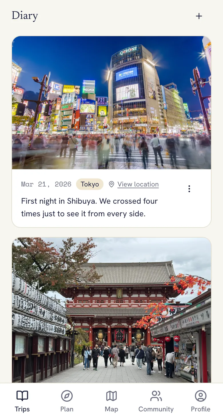 Lumba diary showing two photos from Tokyo with the date, the place and a short note
