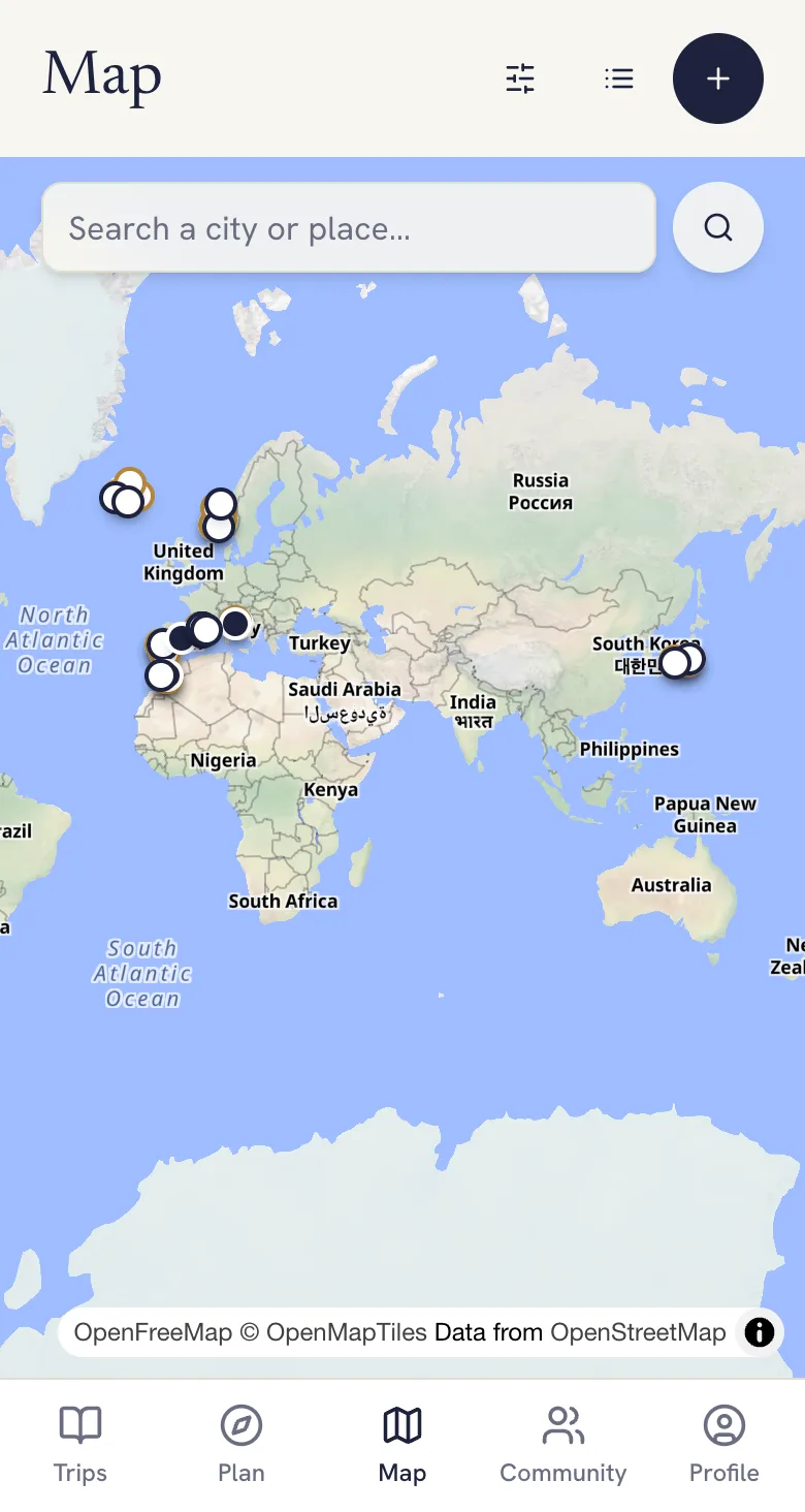 World map inside Lumba with pins across Europe, Morocco and Japan