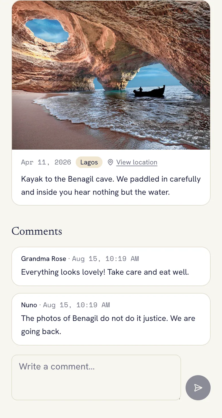 Public page of a shared trip with a photo of the Benagil cave and comments from family
