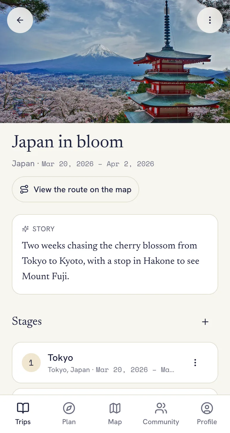 Trip screen in Lumba with the cover photo, the story and the stages